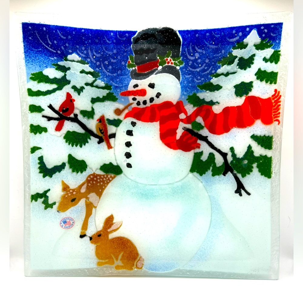 Peggy Karr Art Fused Glass Winter Snowman Cardinal Birds Square Platter 13 in